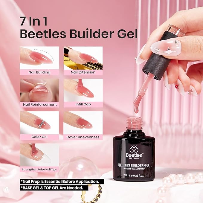 Beetles Builder Gel Set,6 Colors 7 in 1 Jelly Clear Pink Nude Builder for Nail Apex Thickening Extension Strengthen Weak Nails for Beginners DIY Salon at Home,UV & LED Lamp Needed