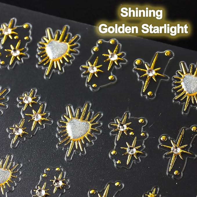 4Pcs Star Nail Decals Embossed Star Nail Art Stickers 5D Self-Adhesive Gold Bronzing Cross Starlight with Heart Rhinestones Nail Design Stickers Luxury Decals for Women Girls Manicure Decoration