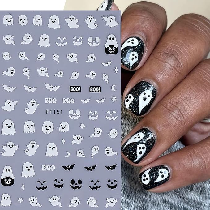 Halloween Ghost Nail Art Stickers Luminous Nail Stickers 6PCS Cute Ghost Bat Boo Halloween Nails Design 3D Self-Adhesive Nail Decals Nail Art Supplies Manicure Sliders for Women DIY Nail Decorations