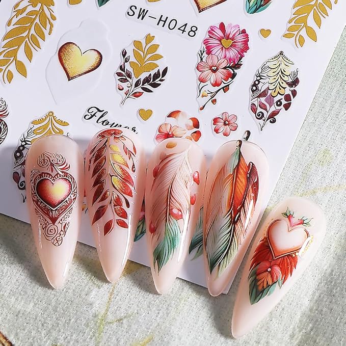 4Pcs Thanksgiving Nail Stickers Gold Leaf Exquisite Totem Nail Decals DIY Self Adhesive Grateful Heart Feather Design Nail Decoration Supplies Holiday Manicure Accessories for Women Girls