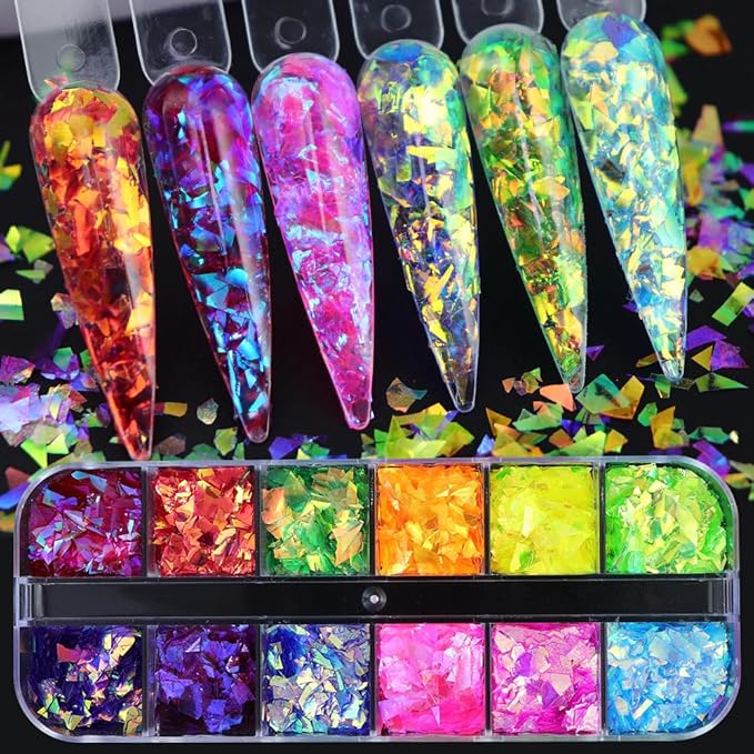 24-Color Mermaid Nail Glitter & Sequins - Irregular Fluorescent Holographic Nail Stickers for DIY Makeup Decoration