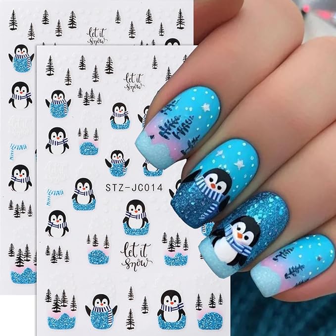 3D Christmas Nail Stickers for Nail Art, Elk Winter Penguin Nail Decals Nail Art Supplies 6PCS Red Elk Penguins Tree Xmas Nails Design Adhesive Sticker for Women Holiday DIY Manicure Nail Decorations