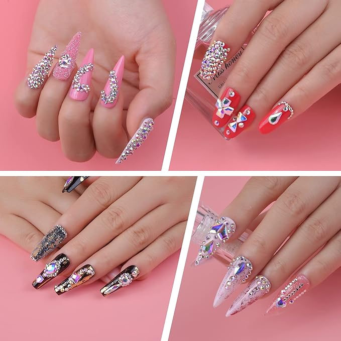 Nail Art Rhinestones Kit HUETFAT 2400pcs Nail Gems Ab Flatback Rhinestones Gems Stones, with Storage Organizer Box/Wax Pencil/Tweezers 6 Sizes (1.5-4.5 mm) for Nail Art Craft (2400pcs)
