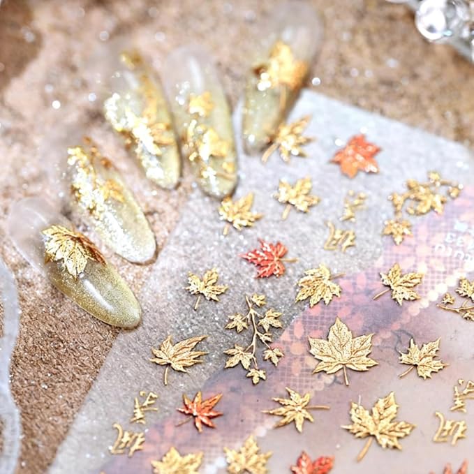Fall Nail Sticker 5D Embossed Gold Maple Leaves Nail Art Sticker Self Adhesive Nail Decals Thanksgiving Autunm Nail Art for Women Girls Manicure Supplies Nails Art Decorations