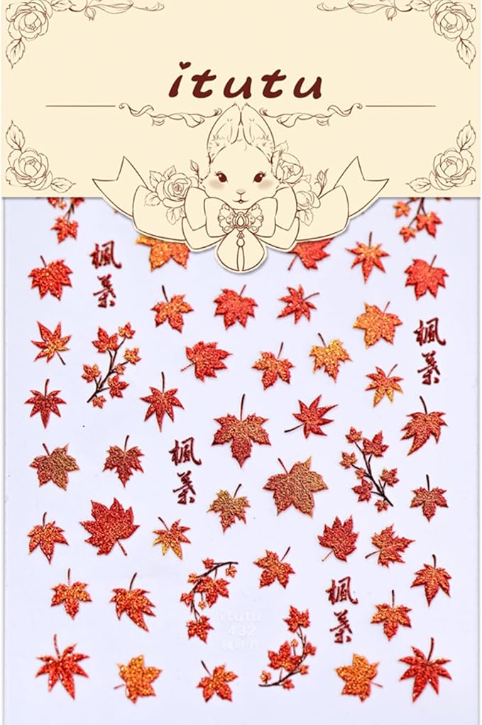 1Sheet Autumn Maple Leaves Nail Art Stickers 5D Embossed Thanksgiving Nails Decals Self Adhesive Fiery Red Maple Leaf Nail Sticker with Glitter Designs Nail Decal for Women Nails Decoration Supplies