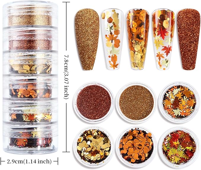 Fall Nail Art Glitter Maple Leaf Nail Sequins Flakes, 2 Colors Manicure fine Glitter Powder, 3D Holographic Orange Red Nail Stickers Decals Supplies Nail Charms for Women Girls 6 Box