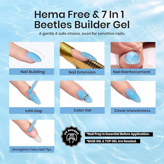 Beetles Builder Gel for Nails HEMA-Free, 2Pcs Blue Glitter Builder Nail Gel for Nail Apex Building Thickening Strengthener & Extension for Beginner Women 0.25 fl.oz