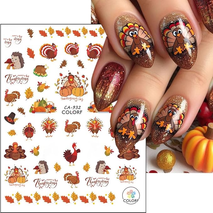 6Sheets Fall Nail Stickers 3D Cute Turkey Pumpkin Nail Decals Self Adhesive Thanksgiving Nail Art Stickers Autumn Maple Leaf Nail Decoration Accessories Squirrel Manicure Supplies for Women DIY