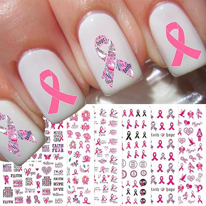 6 Sheets Breast Cancer Nail Art Stickers 3D Self-Adhesive Heart Letter Nail Stickers Pink Ribbon Nail Decals Breast Cancer Awareness Nail Design Supplies for Women Acrylic DIY Manicure Salon