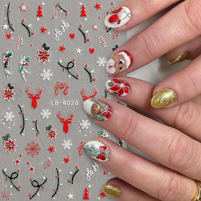 4Pcs Christmas Nail Art Stickers 5D Embossed Nail Decals Winter Christmas Tree Elk Snowflake Nail Art Design Self Adhesive Nail Supplies for Women DIY New Year Xmas Holiday Nail Decoration Accessories