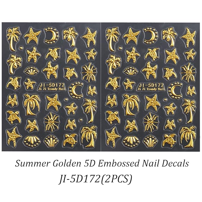 Summer Nail Art Stickers Decals Palm Tree Starfish 5D Embossed Nail Decals 2PCS Golden Coconut Tree Turtle Moons Summer Nails Design Adhesive Sticker Nail Art Supplies for Women Manicure Decorations