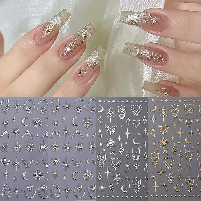 4 Sheets 5D Moon Star Nail Art Stickers Gold Silver Glitter Rhinestones Nail Decals Self-Adhesive Sun Heart Nail Decor Cute Nail Design Stickers Spring French Nails Supply for Women DIY Manicure