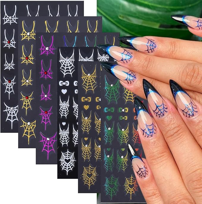 6 Sheets Halloween Nail Art Stickers Decals 3D Self-Adhesive Spider Nail Decals with Rhinestones Designs White Gold Rainbow Bow Spider Web Nails Decorations Holiday Nails Art Supplies for Women Girls