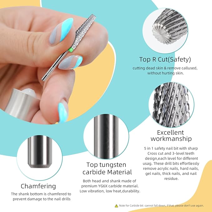 Super Long 5 in 1 Nail Drill Bits, 24mm Cross Carbide Tapered Nail Bit, 3/32" Two-way Rotate, Acrylic Nails Gel Remover, Electric Drills File Manicure Accessories (C)