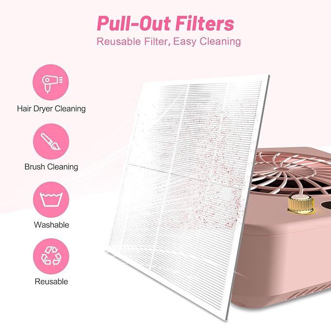 Nail Dust Collector with 2 Cleanable & Reusable Filters,Dust Extractor Compact Vacuum Fan Dust Collector,Suction Machine for Acrylic Home Nails Polishing Nail Salon,Pink