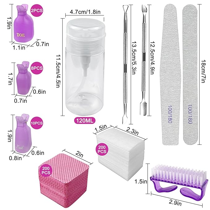 Gel Nail Polish Remover Tools Kit, 20 Toenail & Finger Nail Clips 120 Ml Push Down Pump Dispenser Bottle 200 Nail Remover Pads 200 Lint Free Nail Wipes Cuticle Pusher & Peeler Nail Brush 2 Nail Files