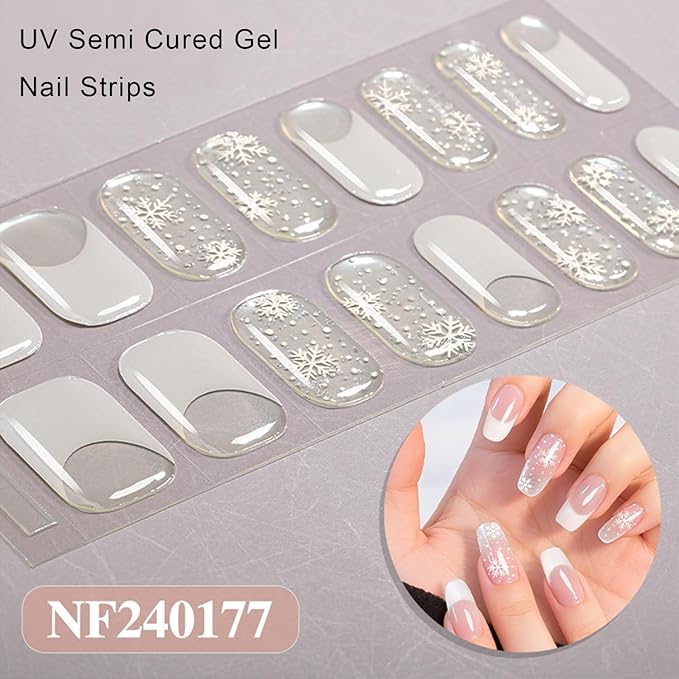 Christmas Semi Cured Gel Nail Strips, 16 Pcs Winter Xmas Gel Nail Stickers Snowflake Designs White French Tip Wraps for UV/Led Manicure Lamp Nails Art Decorations