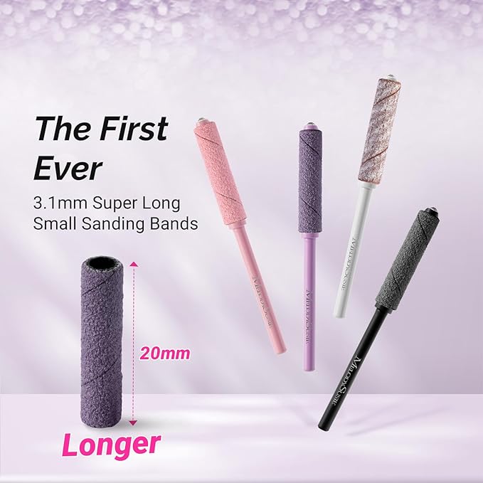 MelodySusie 50 Pcs Nail Drill Bits Super Long Small Sanding Bands with 3.1mm Crystal Mandrel Bit, 180 Fine Grit Nail File for Acrylic Nails Gel Manicures and Pedicure, Purple