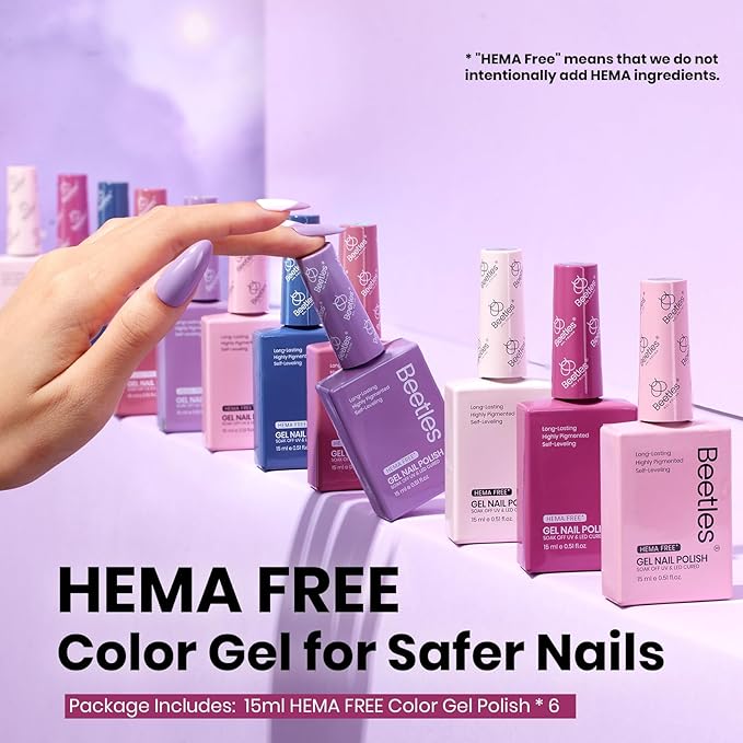 Beetles Gel Nail Polish Set Hema Free - 6 Colors Purple Nude Baby Pink Blue Gel Polish Kit Soak Off Uv LED Nail Lamp 15ml DIY Home Manicure Salon Serene Afternoon Gift for Women Girls