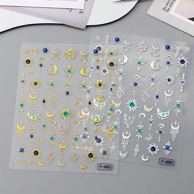 2 Sheets Star Sun Moon Nail Art Stickers 5D Embossed Gold Silver Nail Stickers Bohemian Style Blue Green Crystal Diamonds Design Star Nail Art Decals Manicure Slider for Women DIIY Nail Decorations