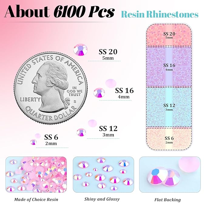 6100Pcs Jelly Resin Rhinestones for Crafting with 2Pcs 10ml B7000 Jewelry Glue, 1 Box Flatback Crystals Diamond (Light Pink AB) for Bedazzling Crafts DIY Nail Art Non Hotfix Gems for Clothing Shoes