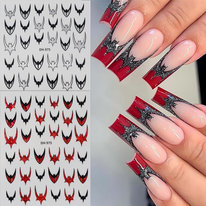 6pcs Bat Halloween Nail Stickers for Nail Art - French Tip Purple and Red Glitter Bat Nail Decals Laser Sparkle Halloween Bat French Design Gothic Punk Nail Accessories Charms Y2K Manicure Decoration