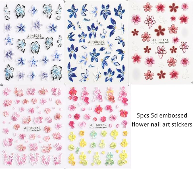 Blue Flowers Stickers for Nails 5D Embossed Flower Nail Stickers Lily Hibiscus Cherry Blossom Rose Floral Nail Decals Self Adhesive Nail Wraps Spring Summer Nails Pegatinas para Uñas 5 Sheet