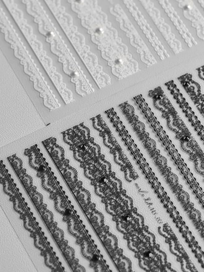 Black Lace Nail Art Stickers – Elegant 5D Embossed Strips, Premium Self-Adhesive Design for DIY Manicure, French Tips, Gothic, Minimalist Nails, Salon-Quality Stickers, Press on, Home or Salon
