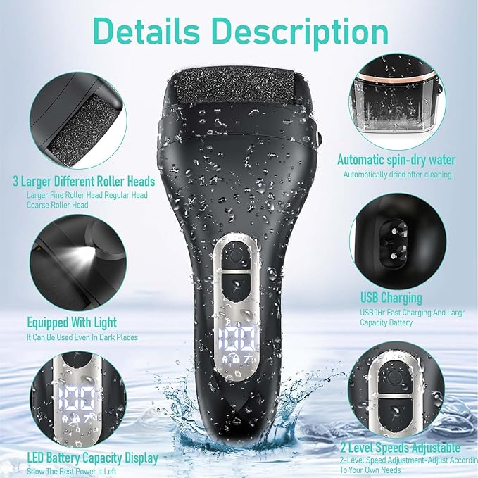 Callus Remover for Feet - with Larger Grinding Head, Portable Pedicure Kit Foot File Callus Remover, Rechargeable Waterproof Foot File for Foot Care Deadskin Remover LCD Display-2pcs