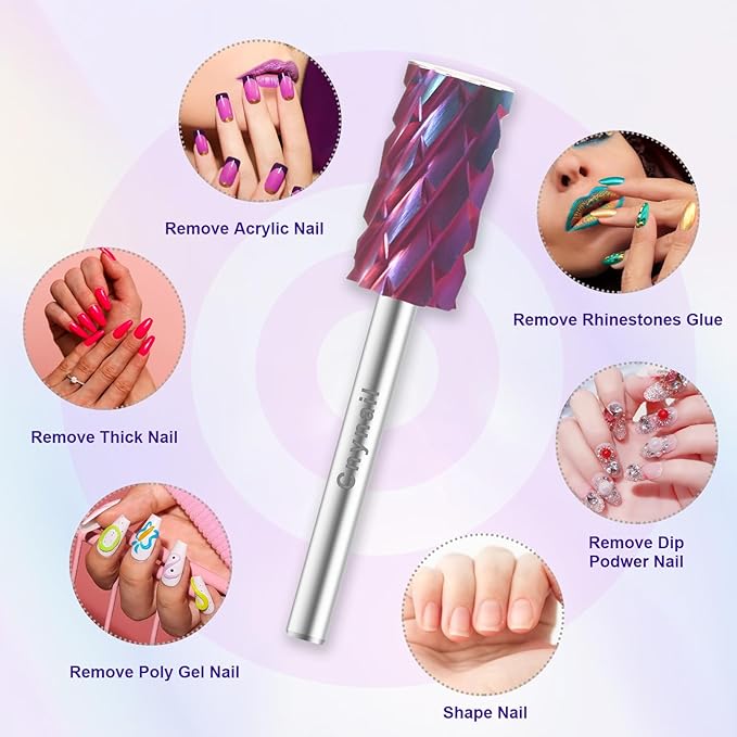 3/32" Large Barrel Bit Tungsten Carbide Nail Drill Bit Safety Bit for Gel & Acrylic Removal, Right Way Rotating Efile Tip, Salon Electric File Accessory (5XC Girt, Purple)