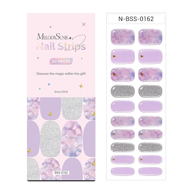 MelodySusie Semi Cured Gel Nail Strips (Dreamy Purple), 20 PCS Gel Nail Stickers, Silver Glitter Gel Nail Wraps, UV Light Required, Durable and Salon Quality