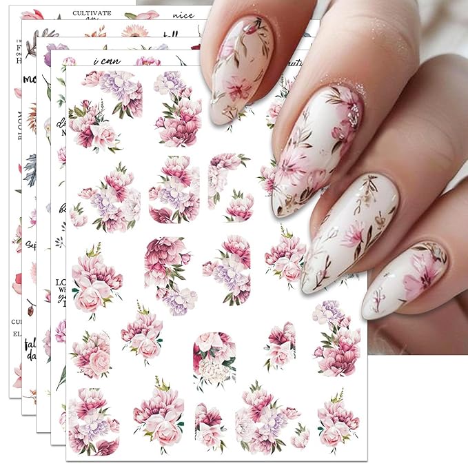 Peony Flower Nail Art Stickers - Pink Floral Leaf Self-Adhesive 3D Nail Decals for DIY Spring Summer Manicure (6 Sheets)