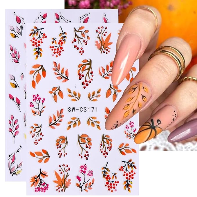 8Sheets Fall Leaves Nail Art Stickers, 3D Black Leaf Flowers Love Autumn Leaves Adhesive Nail Stickers Nail Supplies Flower Designs Slider Decal for Women Nail Decorations Thanksgiving Day Accessories