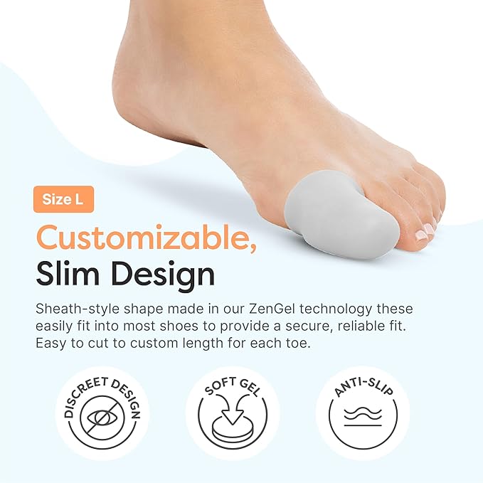 ZenToes 6 Pack Gel Toe Cap and Protector - Cushions and Protects to Provide Relief from Missing or Ingrown Toenails, Corns, Blisters, Hammer Toes (Large, White)