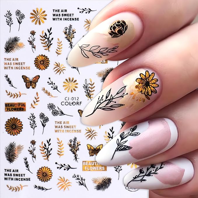 Fall Maple Leaves Nail Art Stickers for Thanksgiving, Gold Maple Leaves Nail Decals 3D Self-Adhesive with Flowers Butterfly Design 6Pcs Laser Gold Glitter Nail Art Supplies for Women Nail Decoration