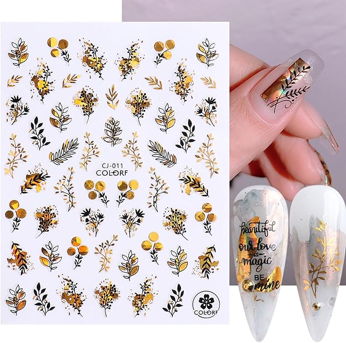 Fall Maple Leaves Nail Art Stickers for Thanksgiving, Gold Maple Leaves Nail Decals 3D Self-Adhesive with Flowers Butterfly Design 6Pcs Laser Gold Glitter Nail Art Supplies for Women Nail Decoration