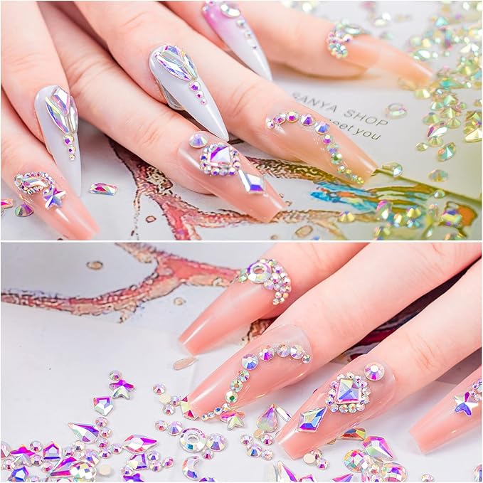 Nail Art Rhinestones Kit HUETFAT 8400pcs Multi Shapes Glass Crystal AB Nail Stones Nail Jewels Flatback Nail Gems Rhinestones Packaged in Diamond Storage Box With Wax Pen for Nail Art Craft