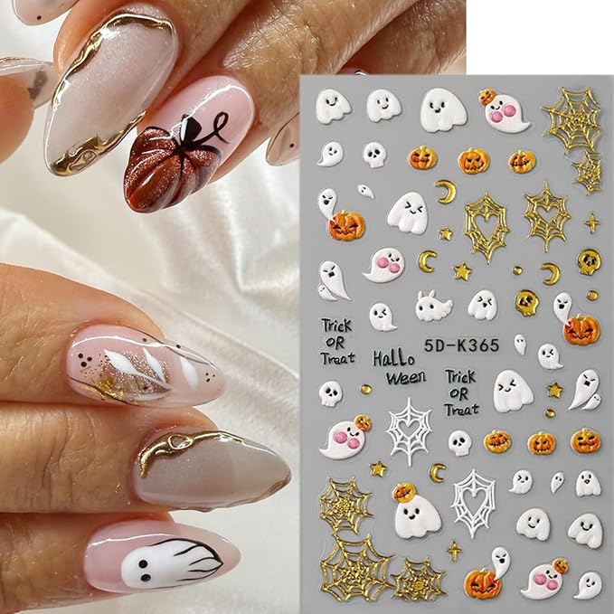 3 Sheets Goth Nail Stickers 5D Embossed Halloween Ghost Nail Art Stickers Cute Cat Pumpkin with Spider Bat Design Sticker Gold Spider Web Nail Decals Nail Art Supplies for Women Acrylic Nail DIY