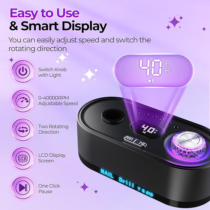 Nail Drill Electric File: 40000RPM Professional E File Kit E File Machine Filer for Shaping, Buffing, Removing Acrylic Gel Nails, Manicure Pedicure Kit with 12Pcs Nail Bits, Home Salon Use