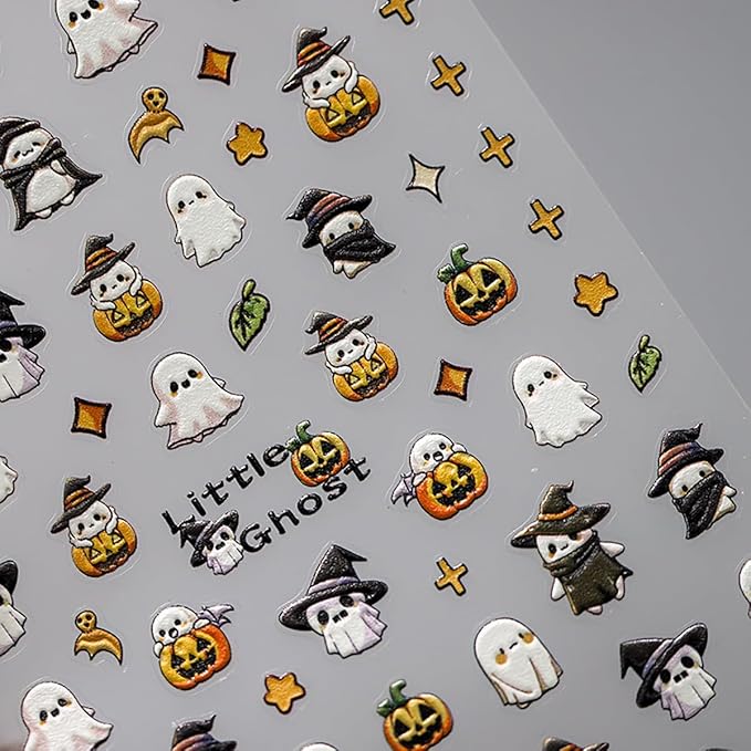 5D Embossed Halloween Nail Stickers Cute Ghost Pumpkin Nail Decals Self-Adhesive Halloween Nail Supplies Pegatinas Uñas Stars Leaf Design Fall Nail Art Stickers for Women Girls DIY Manicure 1Sheets