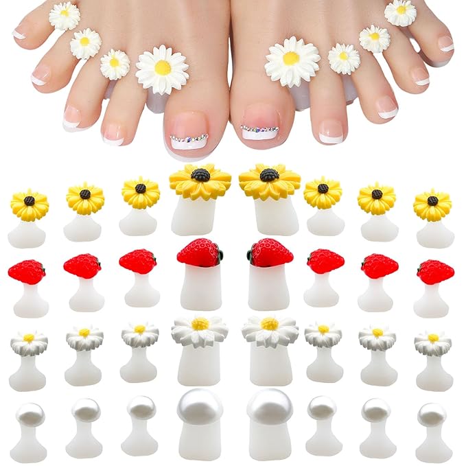 32PCS Silicone Toe Separators for Pedicure, Cute Daisy Flower strawberry Pearl Shaped Toe Nail Spacers for Pedicures Nail Art Salon Tools Nail Art Accessories