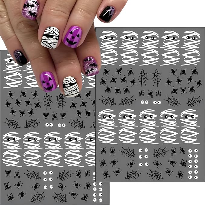 12 Sheets Halloween Nail Stickers for Nail Art 3D Self Adhesive Mummy & Cute Ghost Nail Decals Halloween Nail Stickers with Spider Pumpkin Spider Web Nails Design Flower Nails Supplies for Women Girls