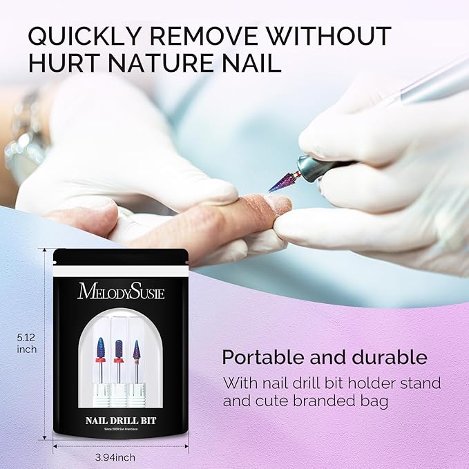 MelodySusie 3Pcs Nail Drill Bits Set, 3/32'' Carbide Tungsten Bits, Long Flame, Smooth Round Top Small Barrel and Tapered Nib Bits, Suitable for Manicure Pedicure Cuticle Gel Acrylic Remover, Purple