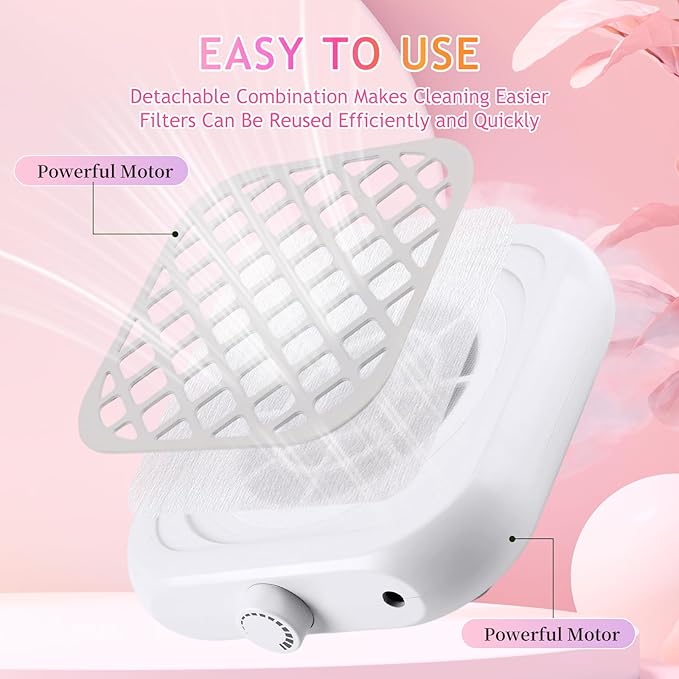 Mini Nail Dust Collector, Compact Nail Vacuum Fan Dust Collector for Beginner with 30PCS Filter Pads, Powerful Dust Suction Machine for Acrylic Nail Polishing Salon Home, Plug-in(White)