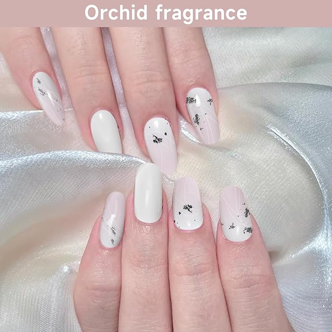 Semi Cured Gel Nail Strips, Orchid Fragrance | 28 pcs Chinese Style Gel Nail Strips Work with Any UV Lamp, Salon Quality New Chinese Nail Stickers, Include Prep Pads, Nail File&Wood Stick