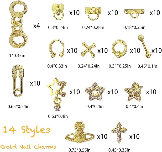 154PCS Gold Nail Charms for Acrylic Nails,Star Planet Cross Handcuffs Pins Doorknobs Puncture Golden Half Round Pearl Nail Accessories Nail Art Supplies Manicure Craft DIY