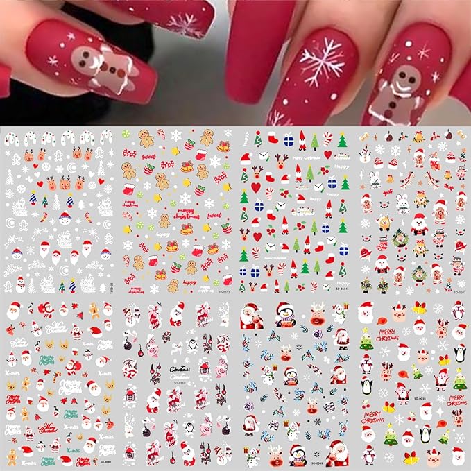 8 Sheets 3D Embossed Christmas Nail Stickers Self-Adhesive Santa Claus Decoration Reindeer Snowflake Gift Xmas Trees Decals Winter Acrylic Nail Art Supplies for Women