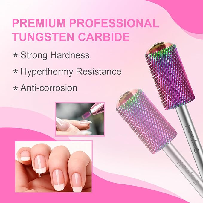 3/32" 2PCS Large Barrel Smooth Round Top Tungsten Carbide Nail Drill Bit Safety Bit for Gel & Acrylic Removal, 2-Way Rotating Efile Tip, Salon Electric File Accessory (F Grit, Multicolor)