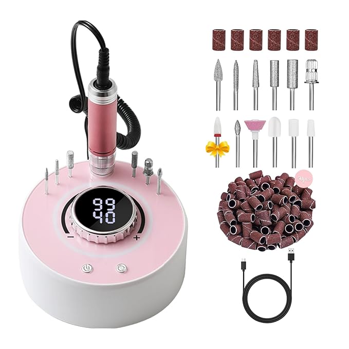Electric Nail Drill File, Professional 40000RPM Nail E-File Drill, Rechargeable Cordless Nail Drill with Bits & Base for Acrylic Nails Remove Nail Gel Polish Manicure for Home Salon Use (Pink)