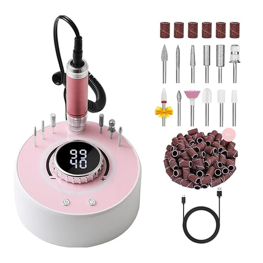 Electric Nail Drill File, Professional 40000RPM Nail E-File Drill, Rechargeable Cordless Nail Drill with Bits & Base for Acrylic Nails Remove Nail Gel Polish Manicure for Home Salon Use (Pink)